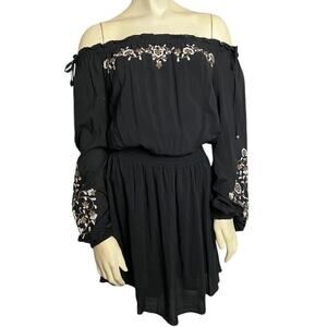 WHBM Black Off Shoulder Dress XS Embroidered Peasant Boho Festival Mini